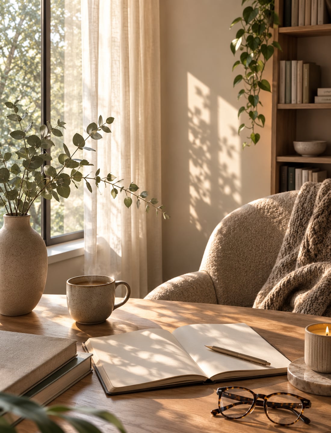 Espacio cálido junto a una ventana, con un diario abierto, una taza de café y una vela — una invitación a la pausa y la reflexión.
